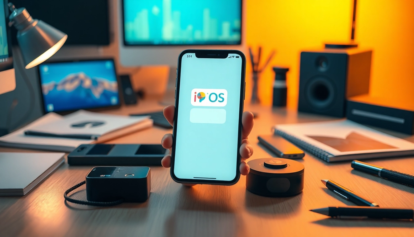 Interakcja z systemem iOS na nowoczesnym telefonie w biurze technologicznym.
