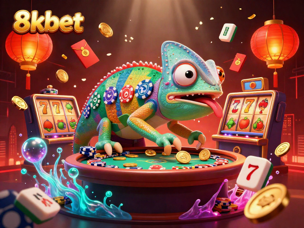 Experience the thrill of 8xbet with a vibrant casino scene featuring a chameleon and casino elements.