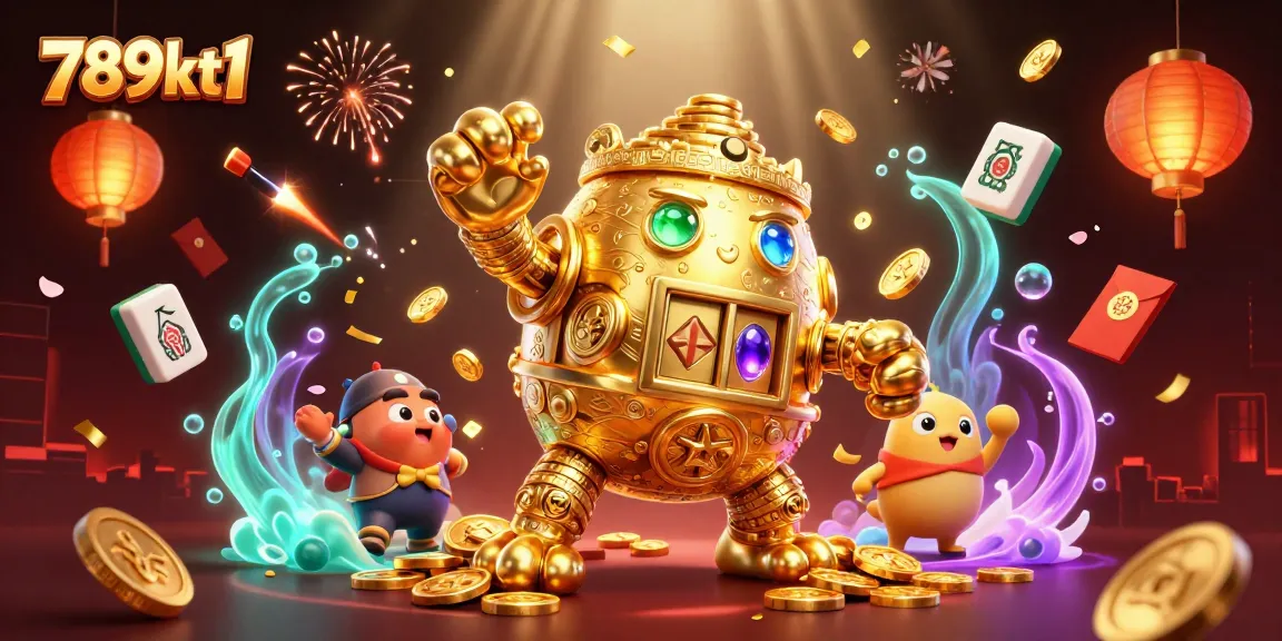 Win big at 789kt1 with a dazzling 3D scene of a golden golem and casino elements.