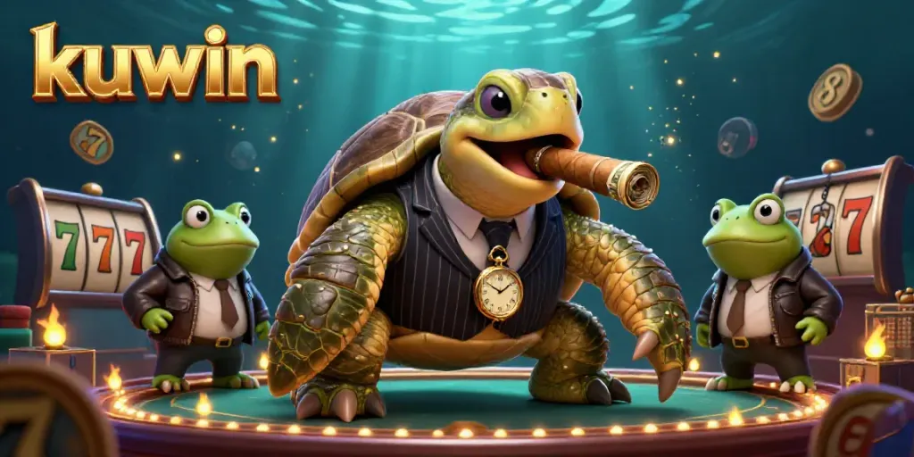 Kuwin casino scene with a massive turtle in a mobster suit, slot elements, and glowing coins.