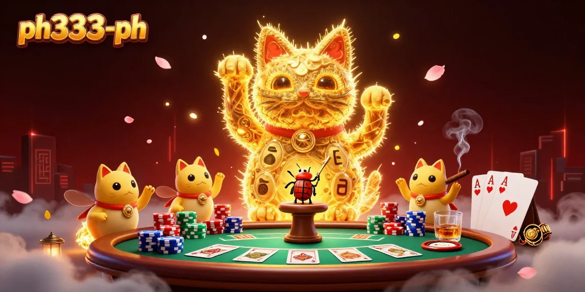 Engage in thrilling games at ph333-ph, highlighted by a lucky cat and vibrant casino elements.