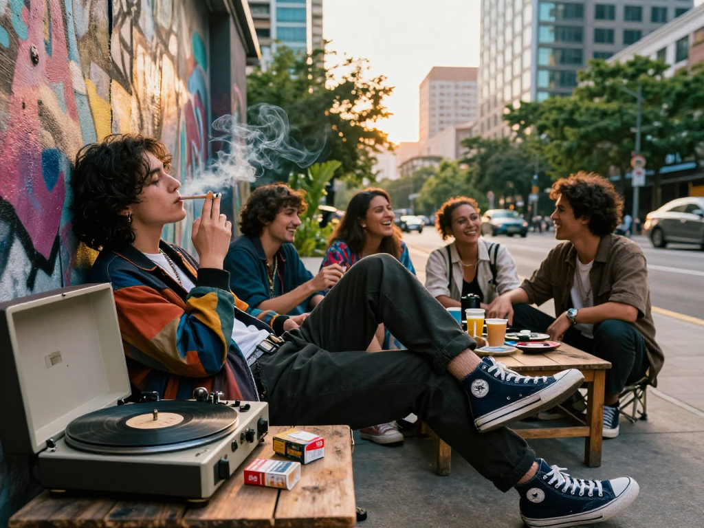 Stylish individual enjoying rokok88 cigarettes in an urban lifestyle scene with friends, graffiti backdrop, and vintage elements.