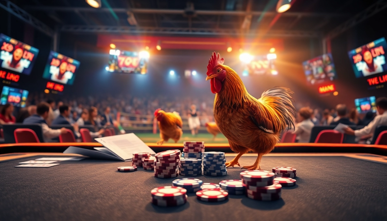 Engaging live chicken fighting (đá gà trực tiếp) betting scene in a luxurious casino setting.