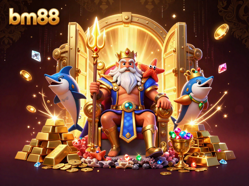 Experience the excitement at bm88 with a lively casino scene featuring Neptune and treasures.