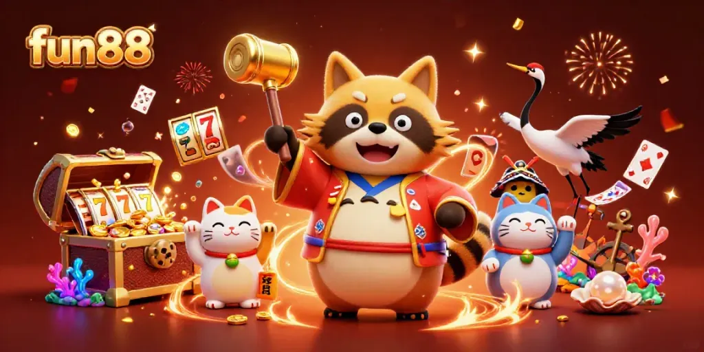 Fun88: Enjoy exhilarating casino action with cheerful characters and festive decorations in a vibrant illustration