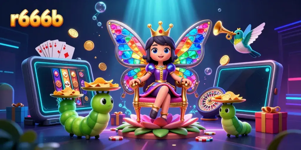 Experience the vibrant world of r666b's casino with a majestic butterfly queen surrounded by gaming elements.