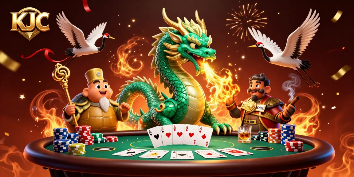 Play at KJC's vibrant casino scene, featuring a jade dragon amidst poker excitement.