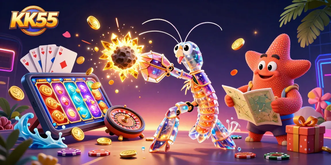 Experience thrilling action at KK55 with a galactic mantis shrimp battling asteroids amidst vibrant casino games.