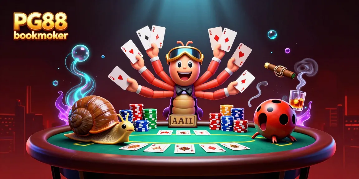 Engaging scene showcases PG88 bookmaker with millipede dealer and snail high-roller at a dynamic poker table.