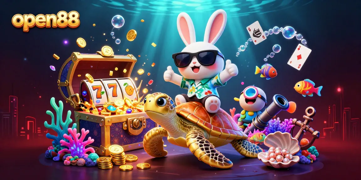 Join the fun with open88's vibrant underwater scene featuring a lucky rabbit and golden turtle!