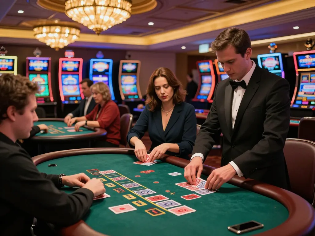 Players strategizing at blackjack tables in a vibrant casino, showcasing 79king excitement and strategic gameplay.