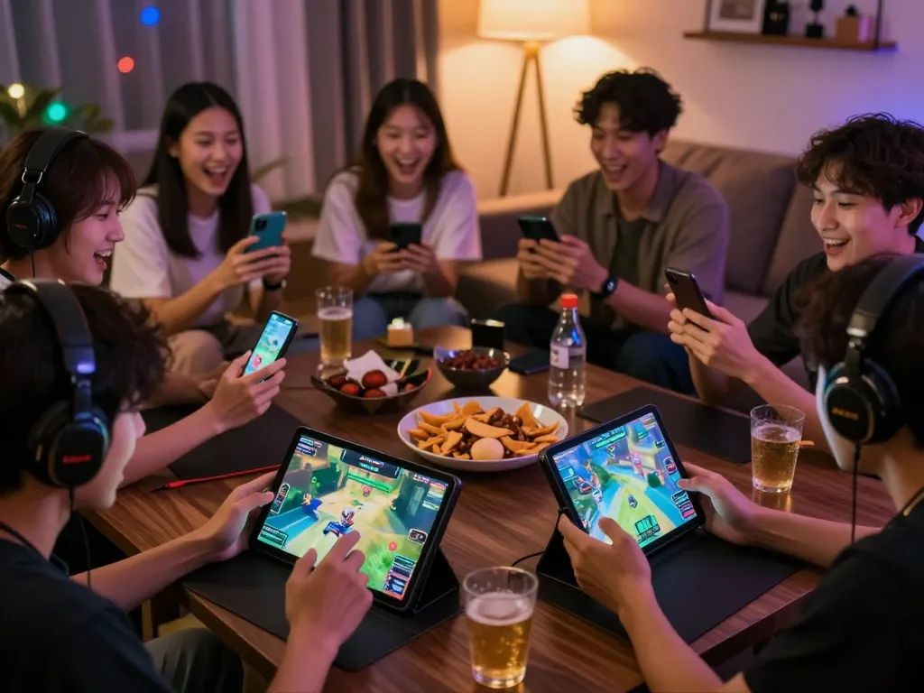 Engaged players enjoying their devices while searching for link rikvip mới nhất in a cozy gaming environment.