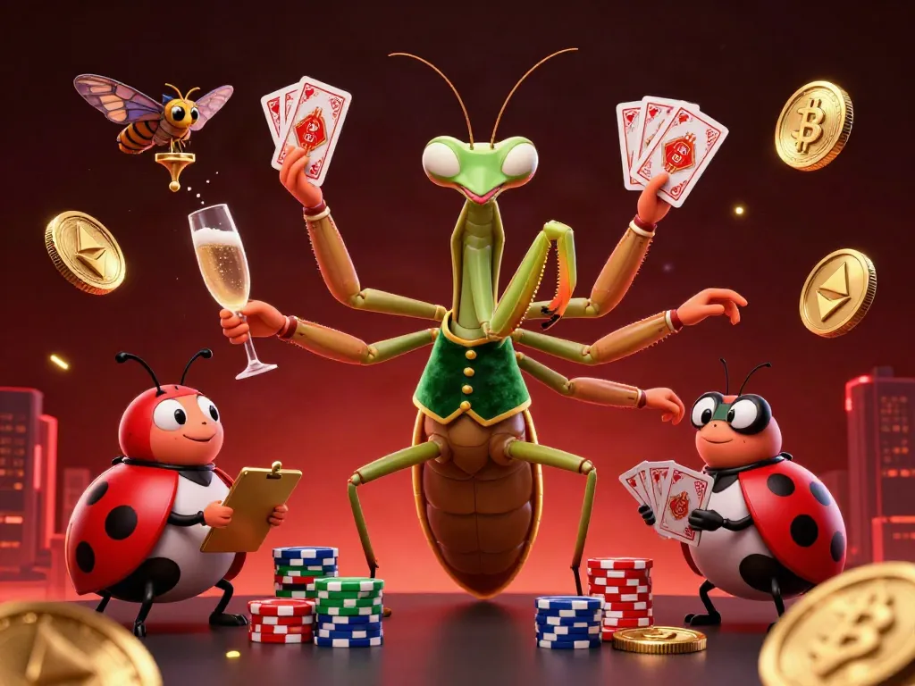 Krypto kasyna scene showcasing a giant praying mantis dealer and ladybug pit boss within a vibrant casino atmosphere.