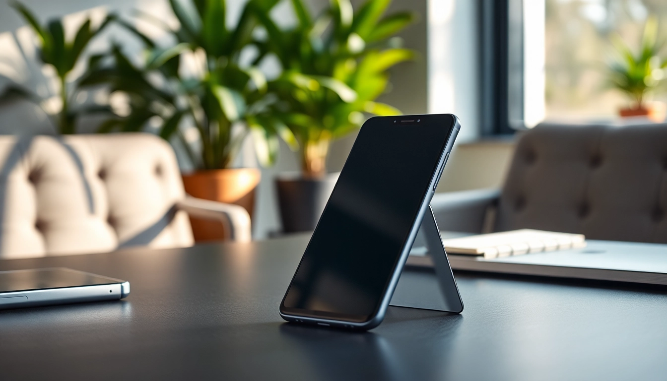 Użytkownik siada z telefonem Samsung Galaxy, a w tle nowoczesne wnętrze.