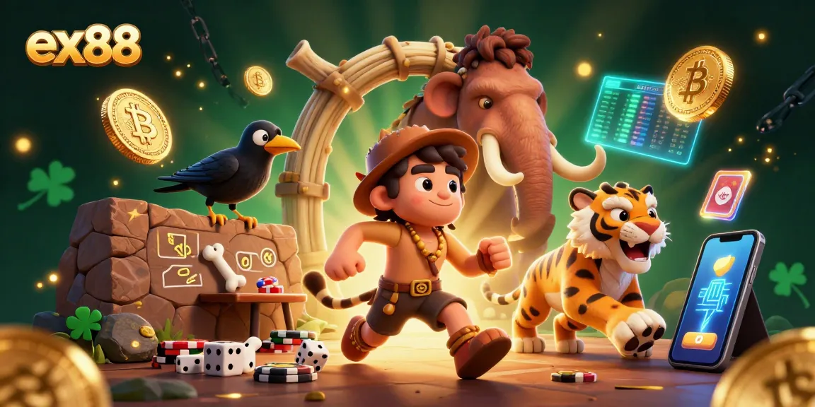 Engage in thrilling casino action with ex88, featuring a caveman and tiger duo running a prehistoric casino.