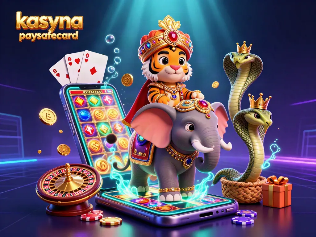 Engage with kasyna z wplata paysafecard, featuring a vibrant 3D cartoon scene with a maharaja tiger and jewels.