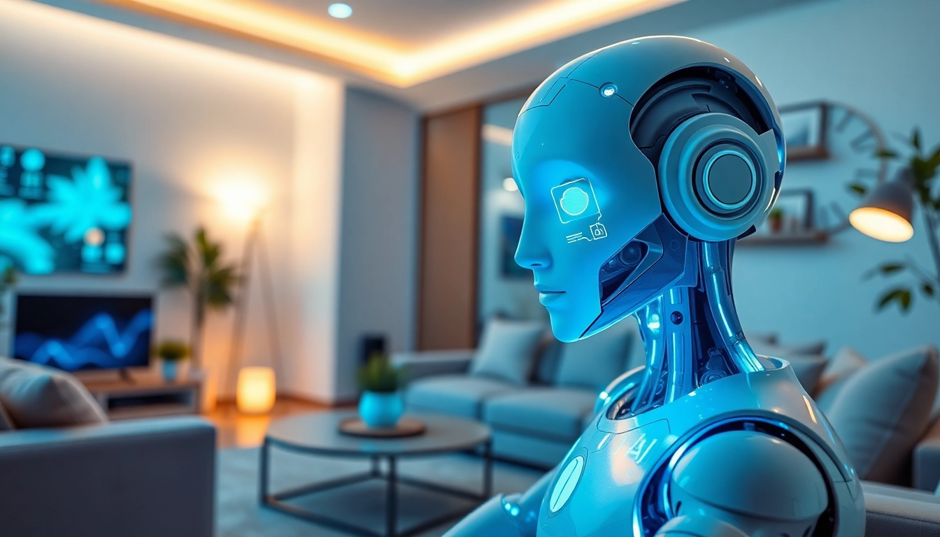 Engaging scene of an AI companion providing emotional support in a modern living room, showcasing crush ai technology.