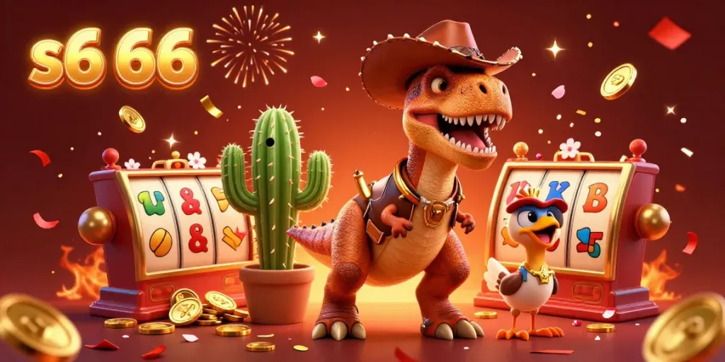 Experience thrilling wins at s6 66 with a vibrant 3D casino illustration featuring fun characters and dynamic elements.
