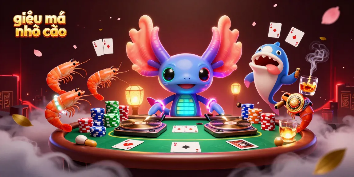 Experience the thrill of giải mã nhà cái in this vibrant 3D casino scene featuring a DJ axolotl and party atmosphere.