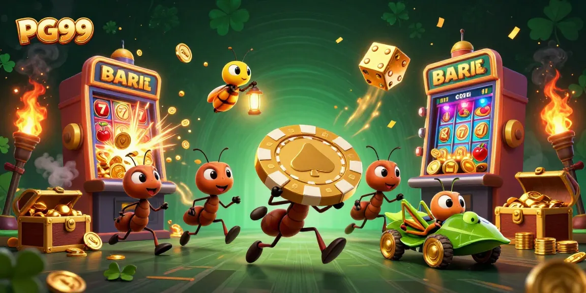 Engage with PG99's thrilling adventure featuring ants heisting a massive poker chip amidst a vibrant casino scene.