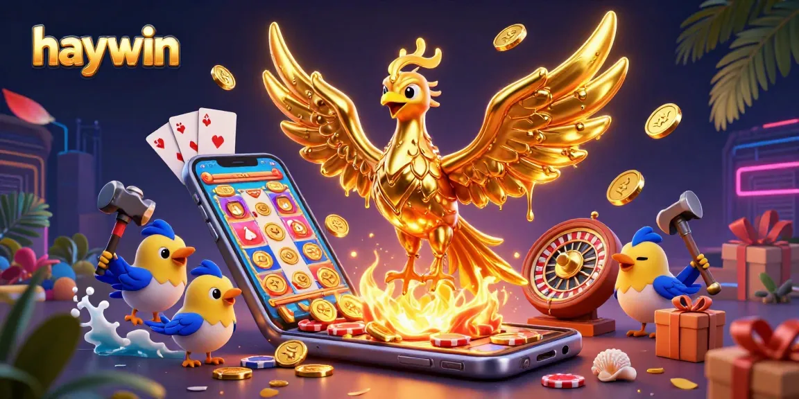 Experience the vibrant excitement of haywin with a 3D phoenix emerging from molten gold, surrounded by casino elements.