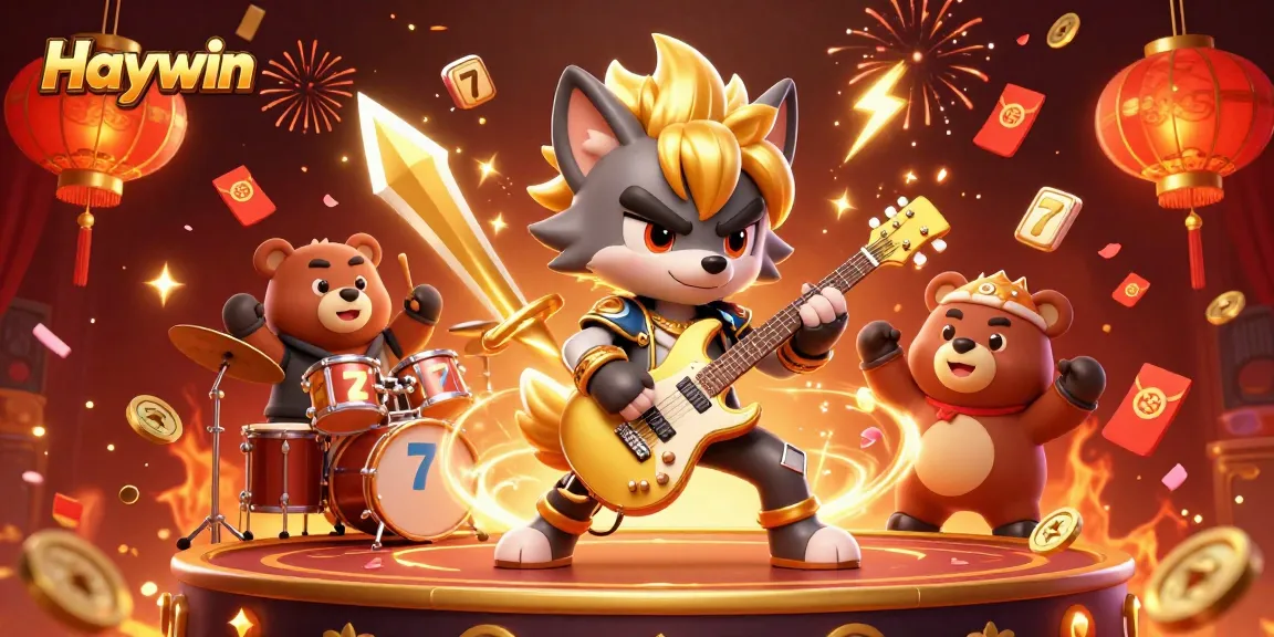 Experience the thrill of Haywin with a cartoon rock star wolf on stage, celebrating gambling success.