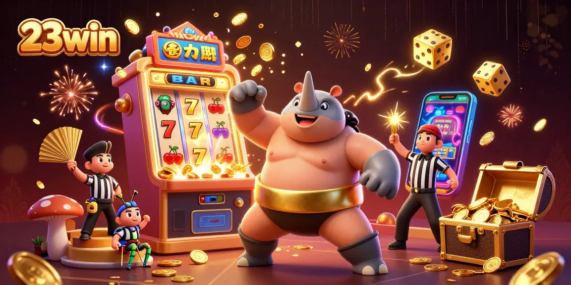 Experience winning excitement at 23win with a vibrant, colorful casino scene bursting with energy and rewards.