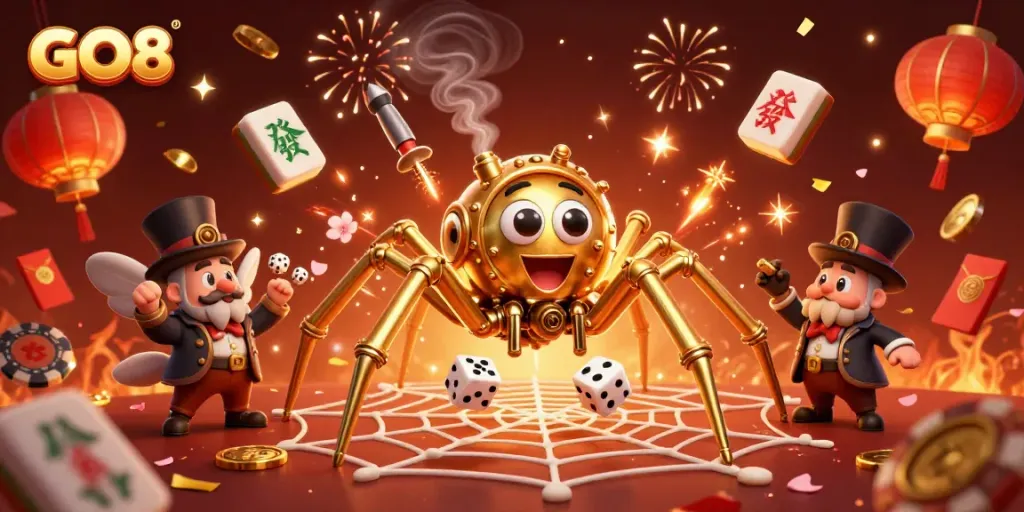 Catch the excitement of GO8 as a steampunk spider spins its golden web in a vibrant casino atmosphere.