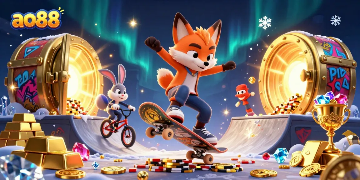 Experience excitement at ao88 with a skateboarder fox and BMX rabbit amid casino riches.
