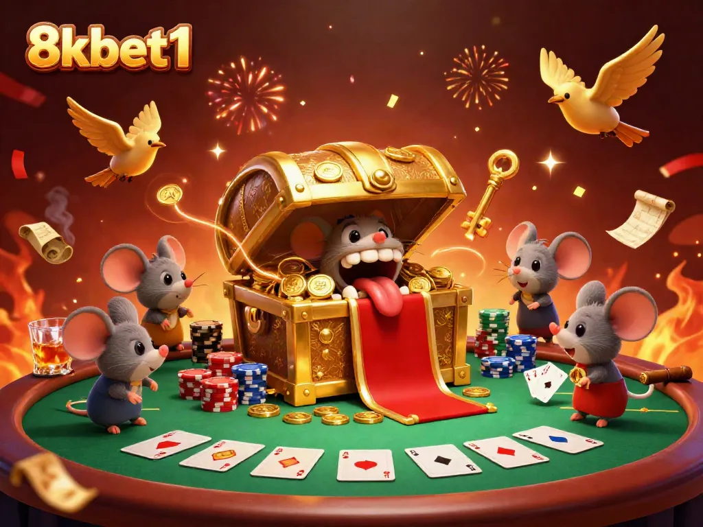 Engage with the vibrant scene of 8xbet1, showcasing a treasure chest and poker elements, enticing players.