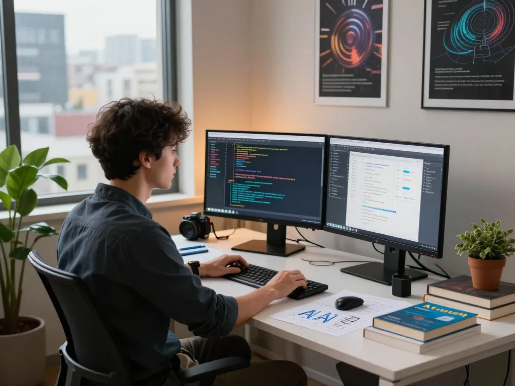 Young developer focused on AI applications in a modern workspace, showcasing crush on ai technology.