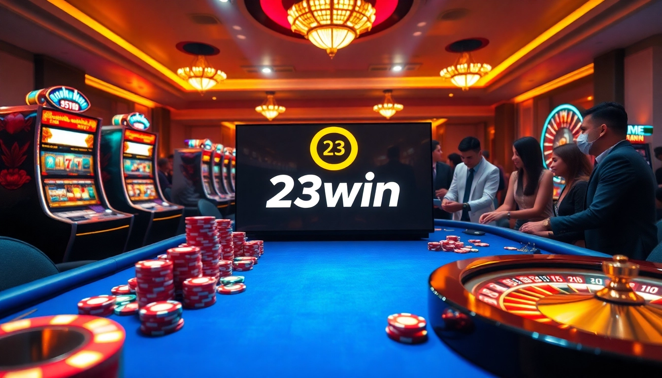 Engaging players at 23win surrounded by vibrant casino gaming elements.
