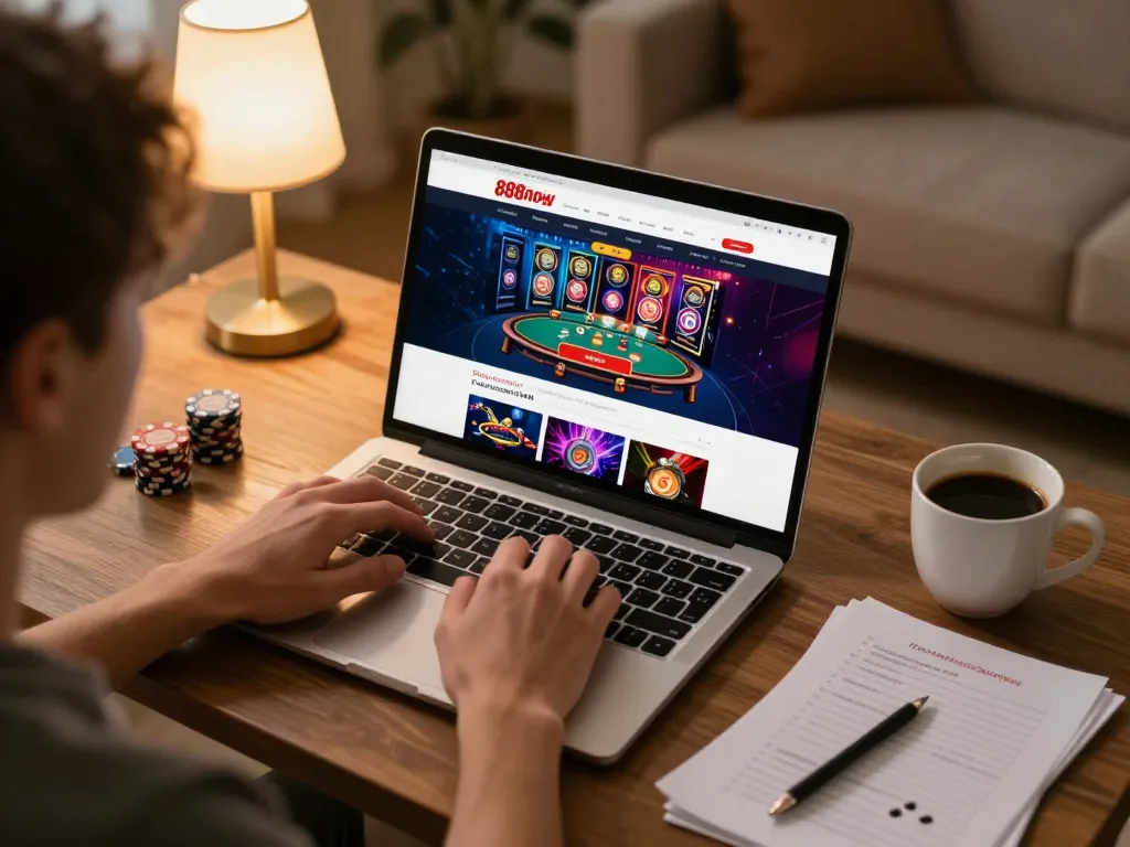The player enjoys a gaming session on 888now, showcasing the online casino interface at home.