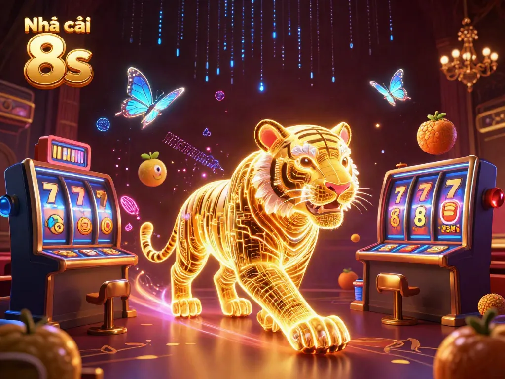 Experience the thrilling atmosphere of Nhà cái 8s with a vibrant 3D digital casino scene featuring a golden tiger.
