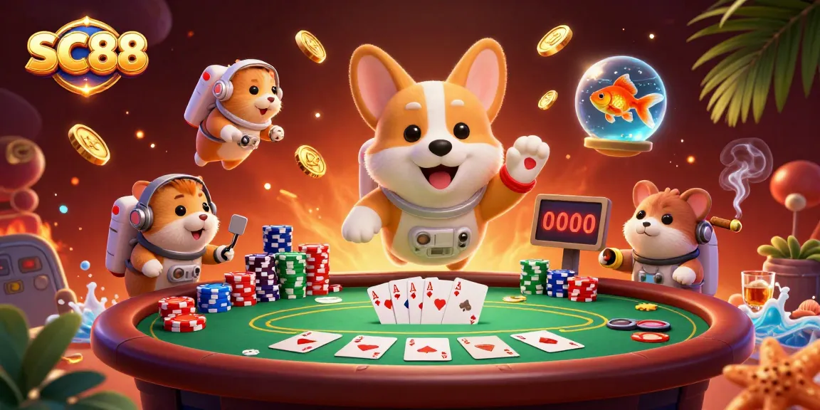 Experience SC88's thrilling space casino adventure with a corgi and friends in zero gravity.