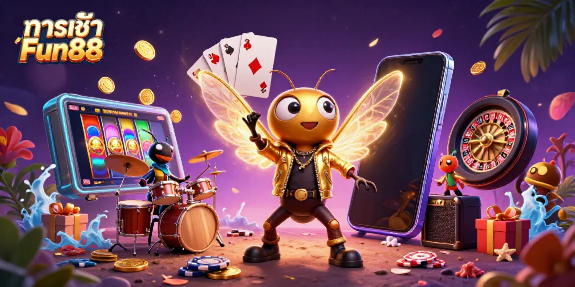 Engaging illustration depicting ทางเข้า Fun88 with vibrant characters and lively casino game elements.