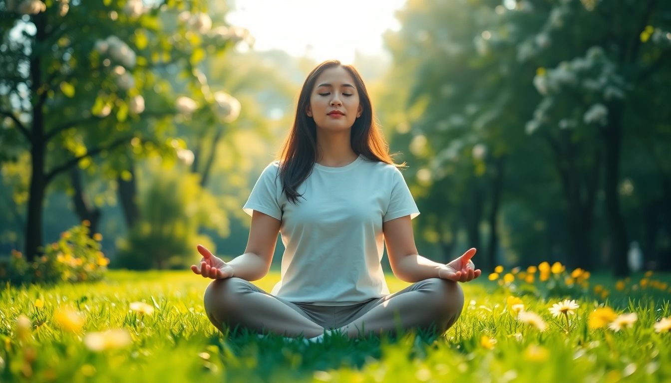 Emphasizing emotional wellbeing, a person meditates peacefully in a vibrant park.