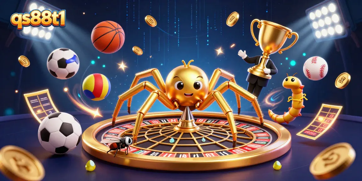 A 3D spider spins a roulette web while a fly bets, depicting qs88t1's vibrant gaming energy.