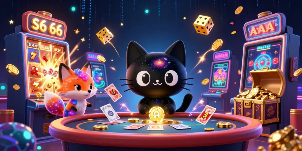 Experience excitement with s6 66 in this vibrant cosmic casino scene featuring games and golden treasures.