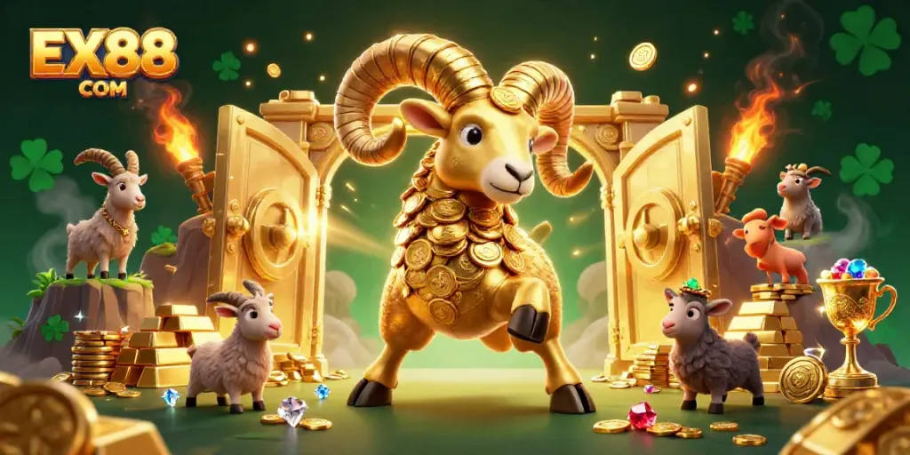 Experience the thrill with EX88 COM's animated gold-themed casino illustration showcasing a dynamic ram at a treasure vault.