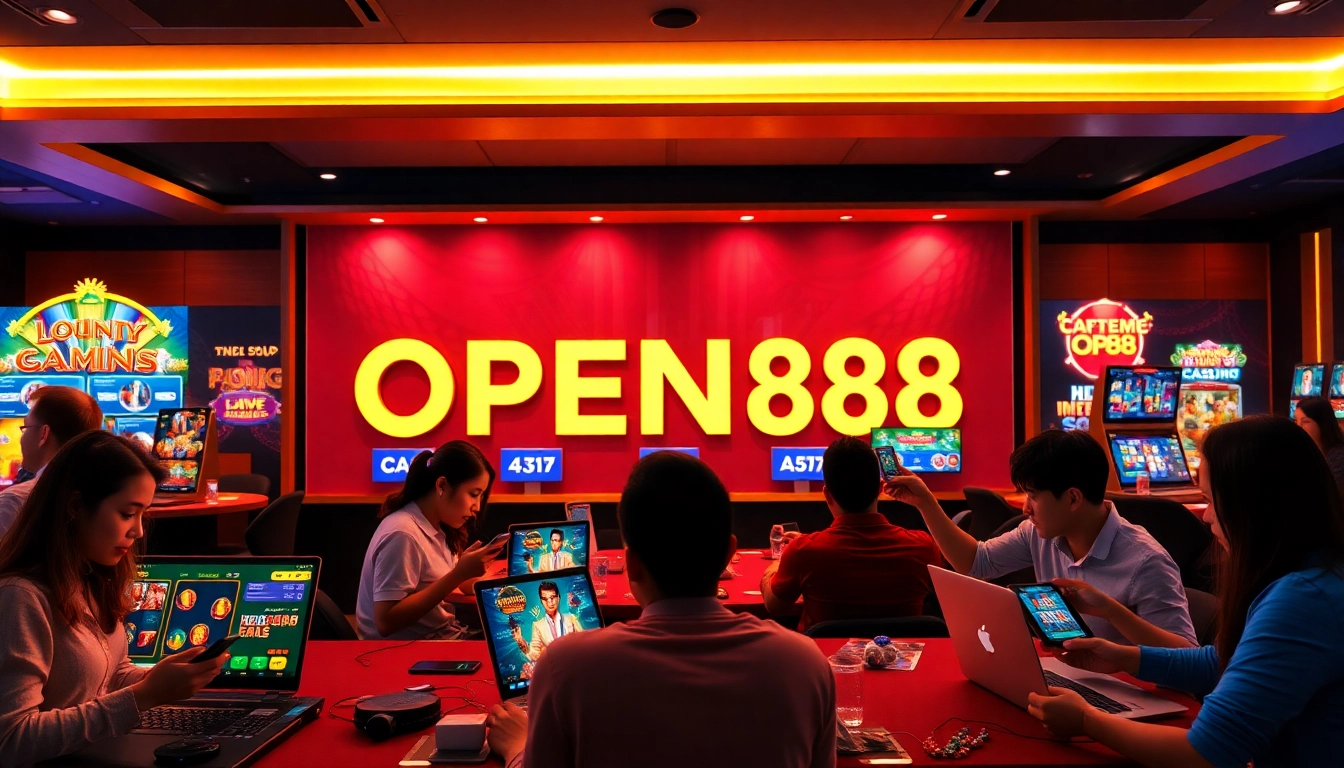 Open88 online casino scene with vibrant gaming options and happy players.