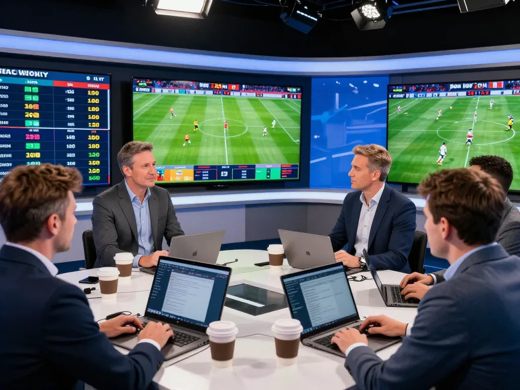 Soi kèo hôm nay - Analysts analyzing soccer betting odds in a vibrant studio.