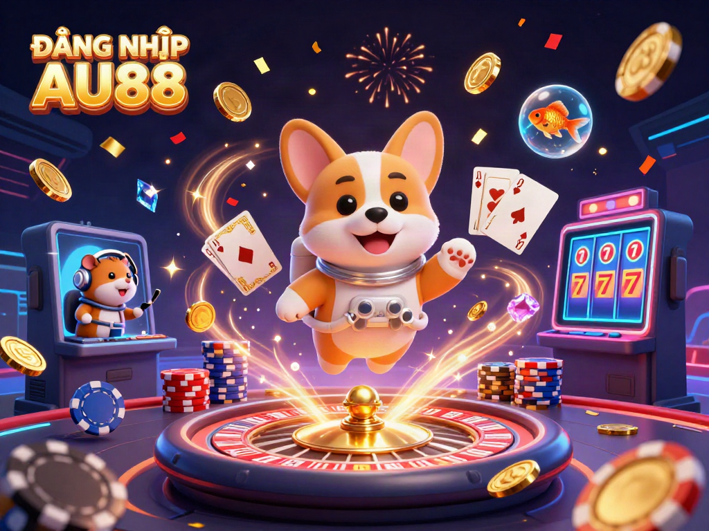 Play exciting games and enjoy ĐĂNG NHẬP AU88 in a vibrant space casino scene filled with coins and prizes.