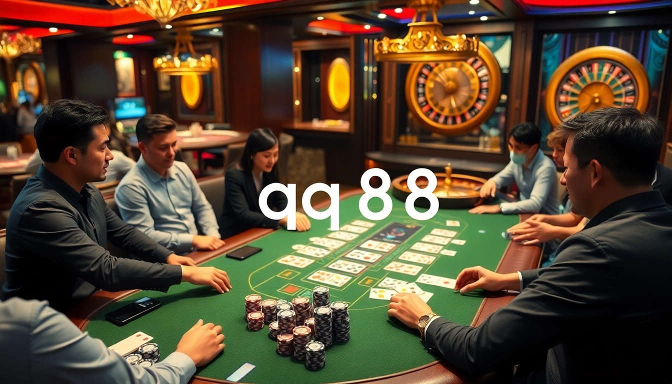 Engaged players at a stylish QQ88 casino table, immersed in blackjack excitement and vibrant gambling ambiance.