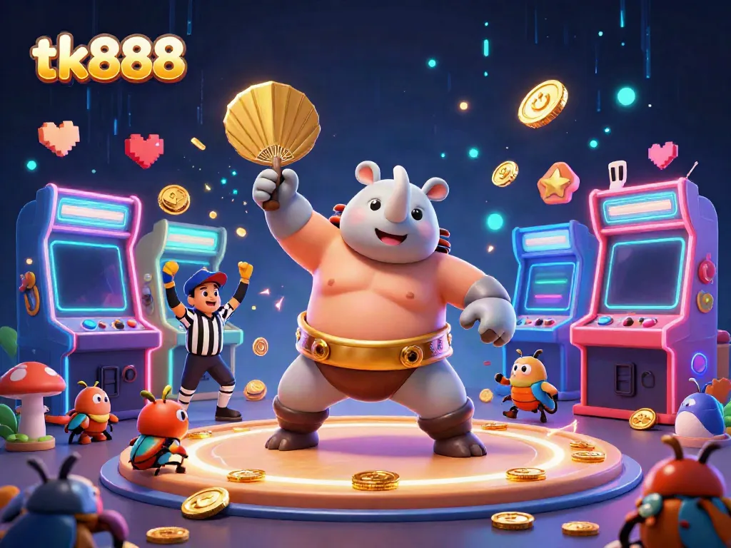 Experience the thrilling world of tk888 with a vibrant 3D illustration of a beetle sumo champion amidst flying coins and arcade games.