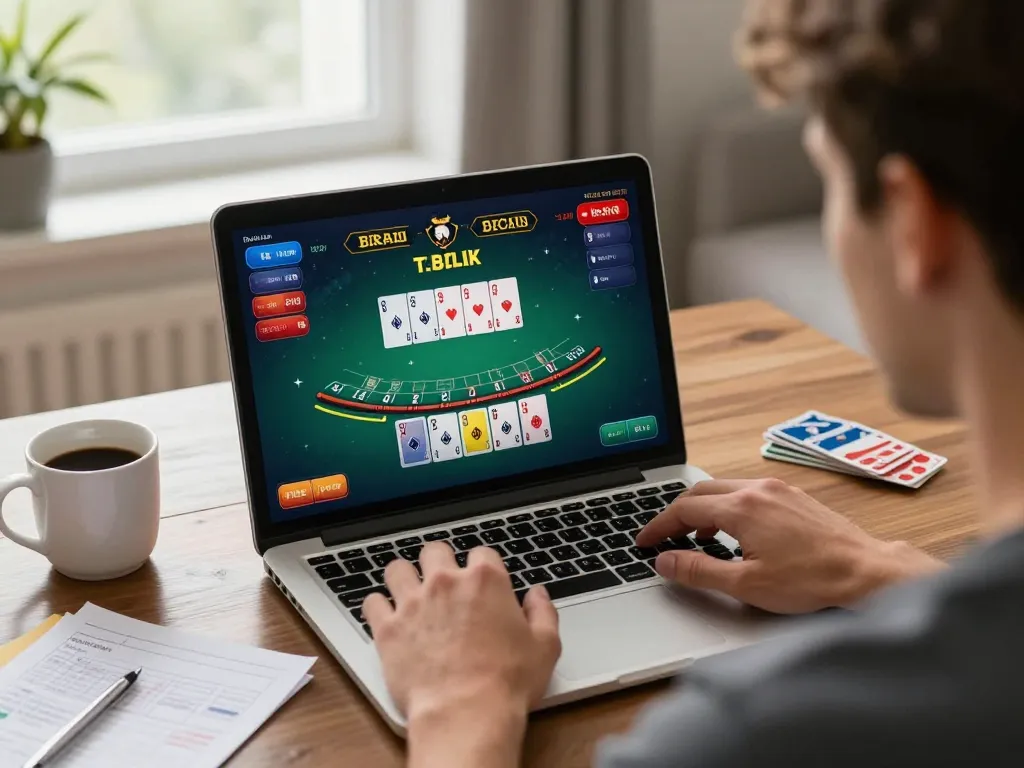 Fun79 player enjoying an engaging blackjack game at home on a laptop, cozy atmosphere.