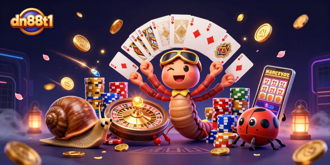 Experience dynamic gaming action with dn88t1’s vibrant illustration featuring a millipede dealer and multiple engaging casino elements.