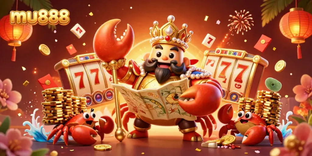 Experience the excitement of mu888 with the golden crab emperor among casino elements like slot reels and festive decorations.