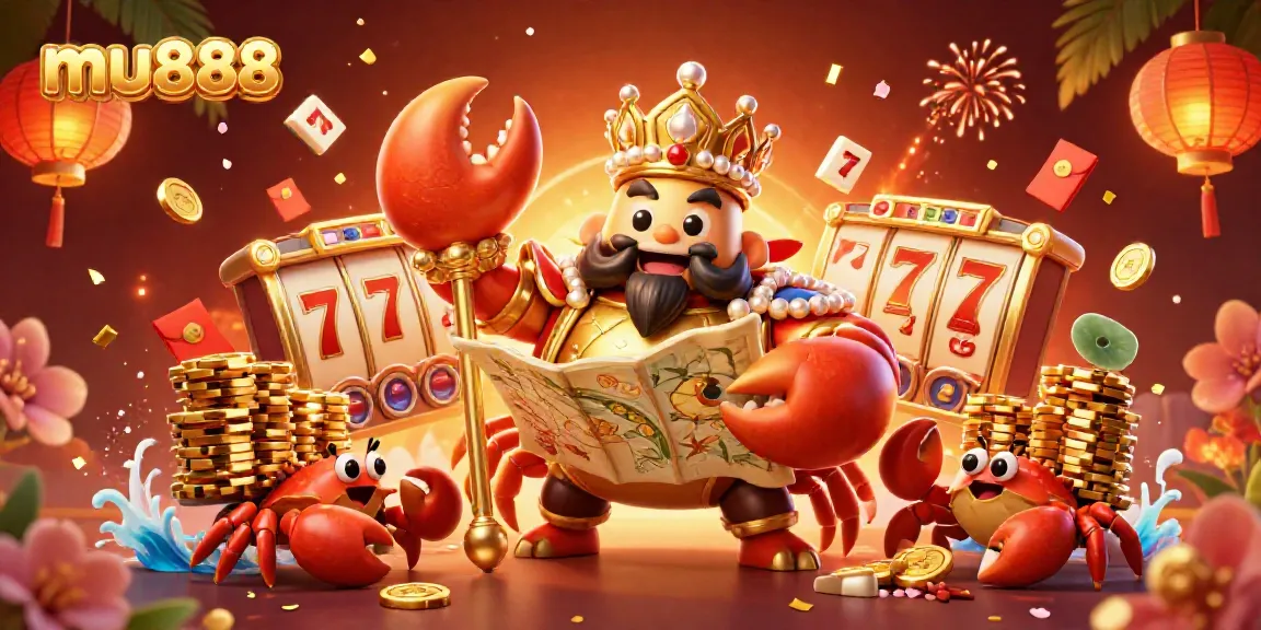 Experience the excitement of mu888 with the golden crab emperor among casino elements like slot reels and festive decorations.