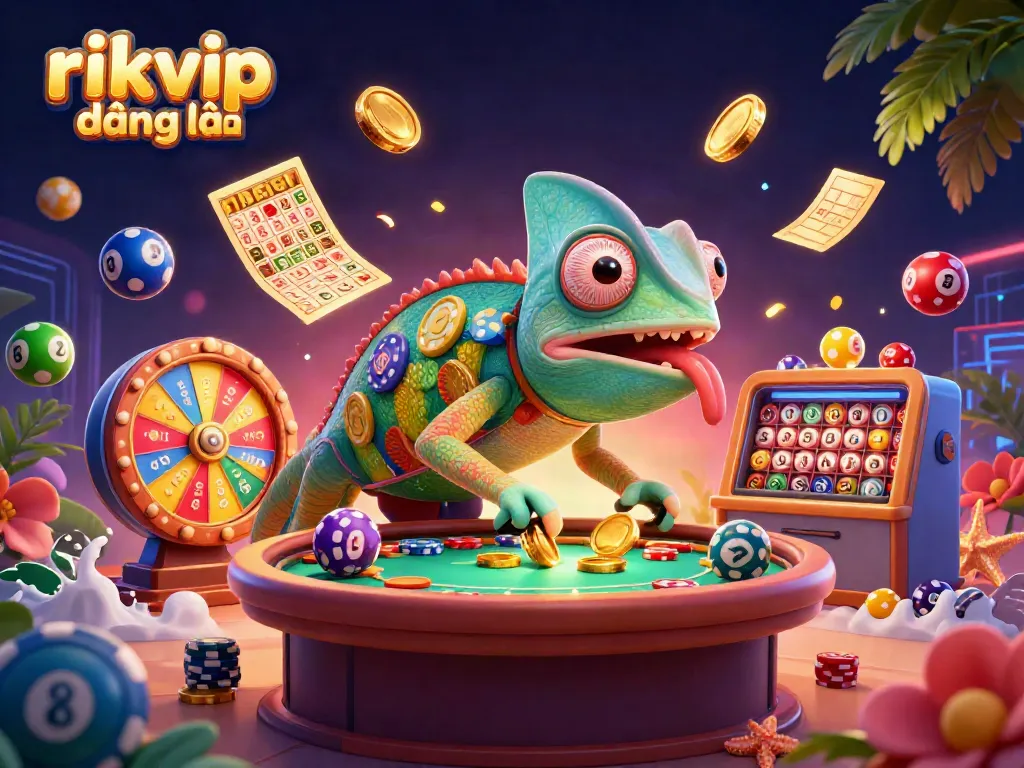 Experience the excitement of rikvip đăng nhập with a vibrant chameleon casino scene full of dynamic game elements.